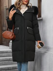 SHEIN LUNE 女士黑色连帽长款棉服棉袄冬季拼布 - 黑色 - 查看 5