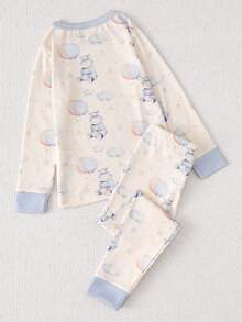 Young Boy Cartoon Hippopotamus Snug Fit Pajamas Set - Beige - View 2