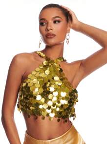SHEIN BAE 女士鏈條細節露背金屬色亮片領口上衣 - 金色 - 查看 4