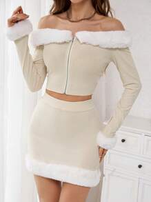 SHEIN Privé Ladies' Plush Trimmed Off Shoulder Zip-up Top And Skirt Set, Patchwork Design - Apricot - View 3