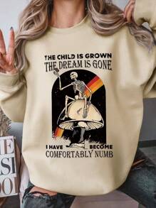 SHEIN EZwear Áo nỉ cổ tròn in hình đầu lâu đơn giản dành cho nữ - Màu Khaki - Xem 1