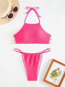 Của phụ nữ Màu thuần Hoa hồng Màu hồng Halter Neck Bộ Bikini Với Textured Chất vải Chi tiết , Cho mùa hè , bờ biển , Bơi lội - Màu Hồng Tươi - Xem 7