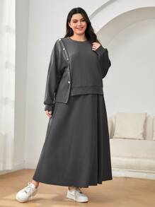 Mulvari Plus Size Women's Side Button Sweatshirt And Skirt Set - Dark Grey - View 1
