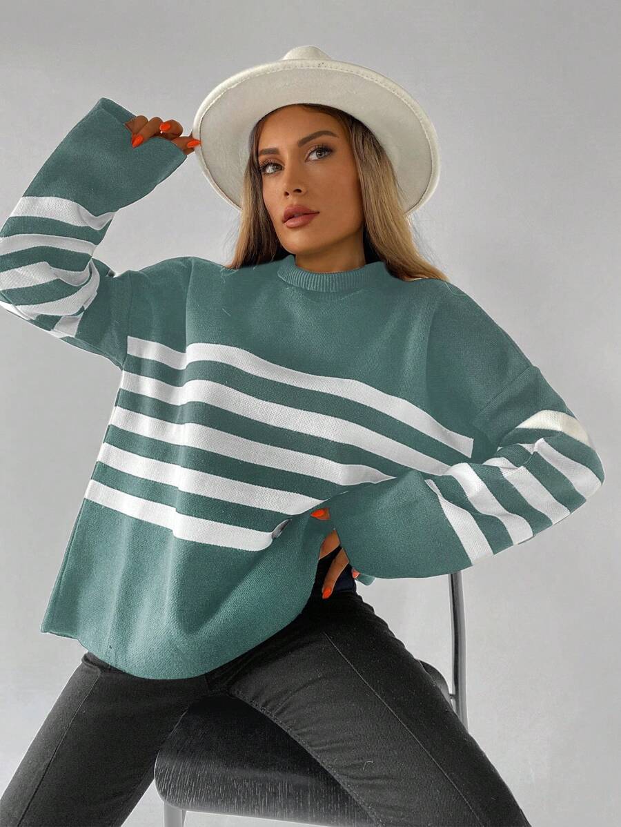 EURMUSE Pullover mit Streifen Muster, Drop Shoulder - Minzgrün - Übersicht 1