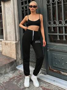 RueChic Letter Graphic Slant Pocket Sweatpants - Black - View 5