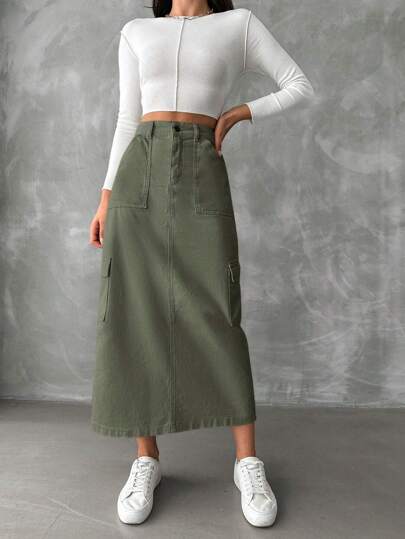 EURMUSE Fusta de buzunar din denim stil cargo pentru femei