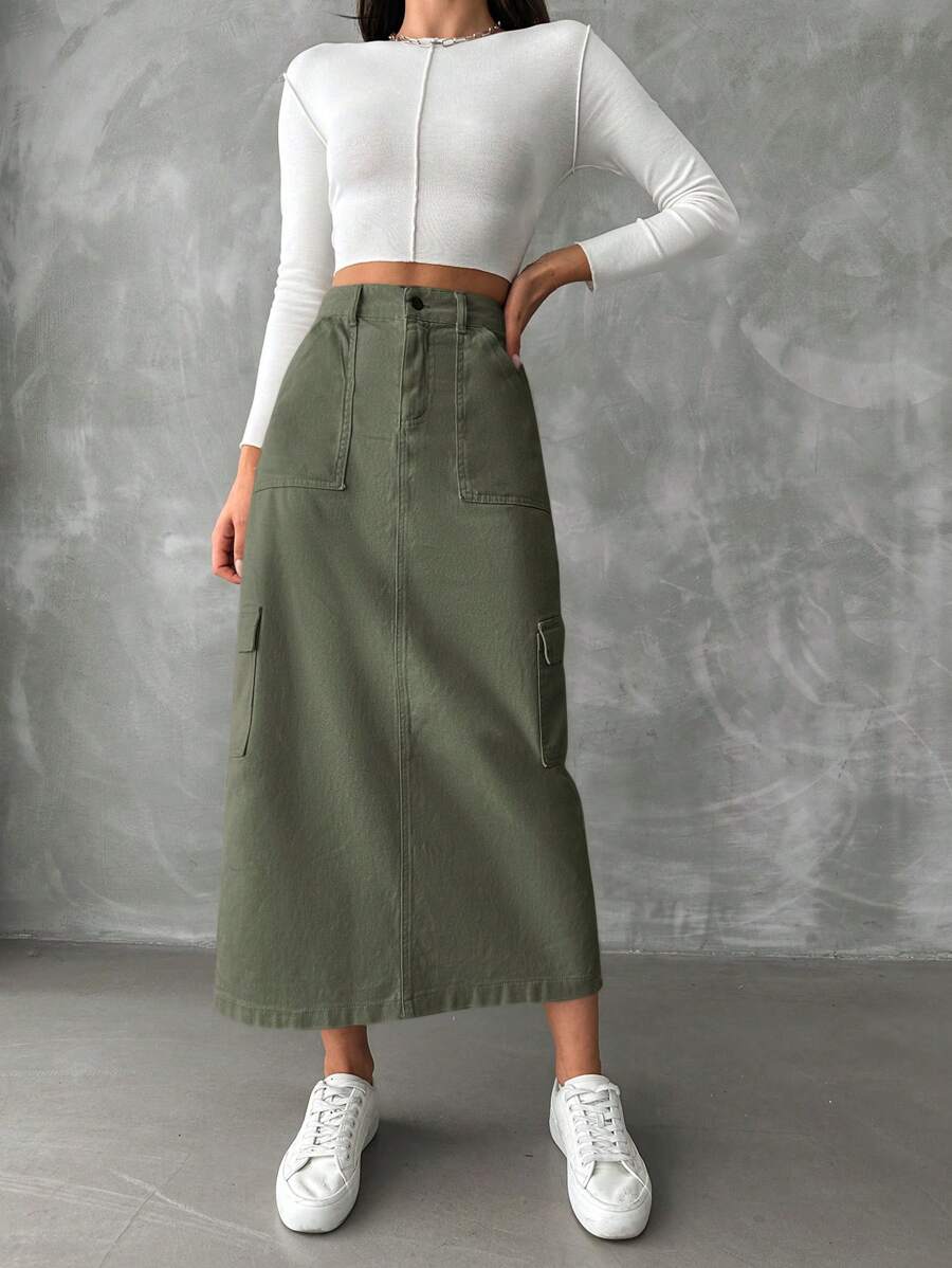 EURMUSE Women's Cargo Style Denim Pocket Skirt - Khaki - View 1