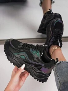 Women's Outdoor Casual Chunky Sneakers With Thick Sole, Chunky Shoes Style, Black