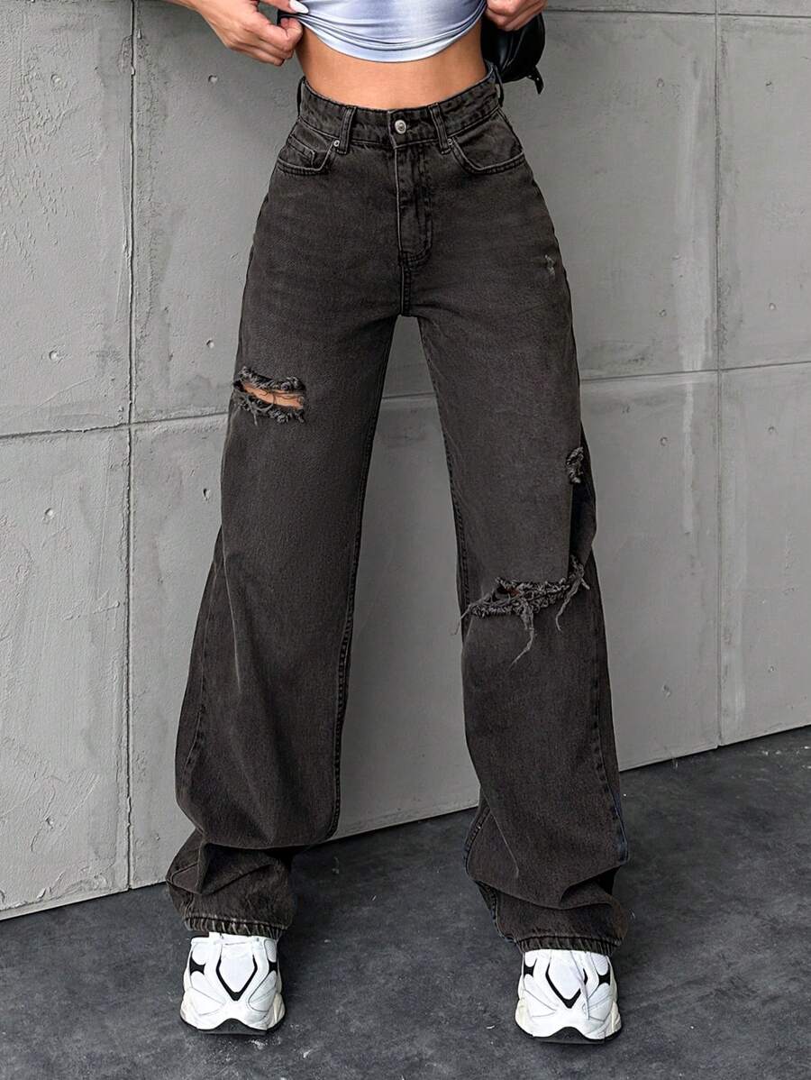 RueChic Jeans De Cintura Alta Lavados Com Buracos Desfiados - Preto - Ver 1