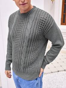Manfinity Homme Men's Cable Knit Drop Shoulder Sweater - Light Grey - View 3