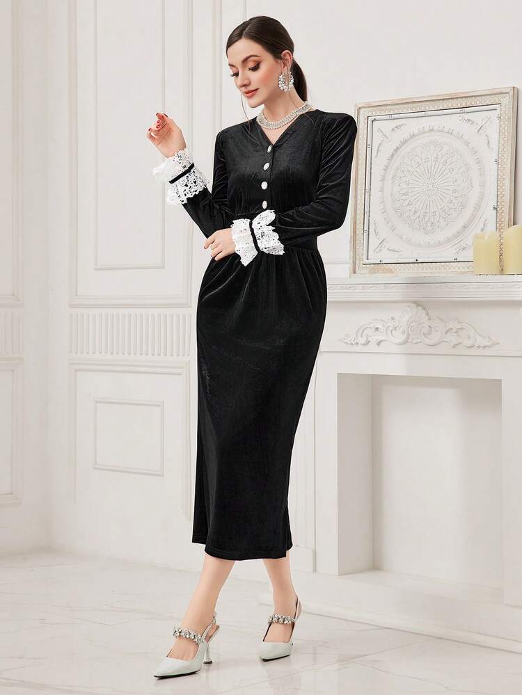 Lace Trimmed Sleeve And V-Neck Elegant Women's Dress Long Evening Dresses Fall Cloth For Women