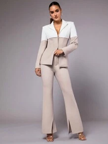 SHEIN BAE Two-tone Hook-and-eye Closure Blazer With Lapel Collar - Khaki - View 4