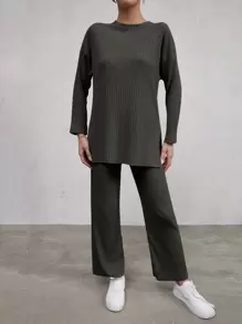 Cloudara Drop Shoulder Split Hem Tee & Trousers - Green - View 5