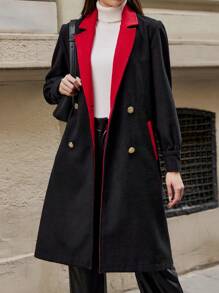 RueChic Contrast Panel Double Breasted Overcoat - Black - View 1