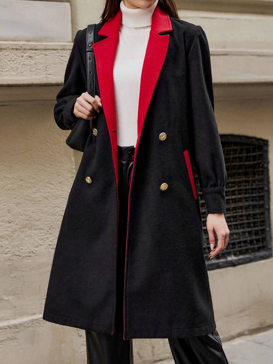 RueChic Contrast Panel Double Breasted Overcoat - Black - View 1