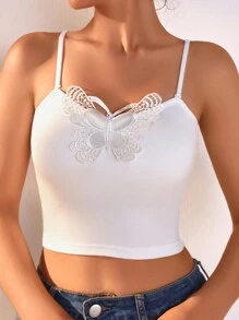 SHEIN Women's Butterfly Applique Basic Tank Top With Adjustable Spaghetti Straps For All Seasons