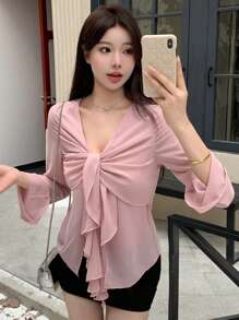 Dazy Star Của phụ nữ Nút hình bướm Trang trí Áo sơ mi - Màu Hồng baby - Xem 3