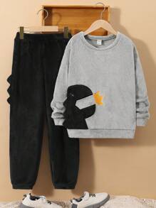 SHEIN 男童毛絨恐龍圖案家居服 - 黑色 - 查看 5