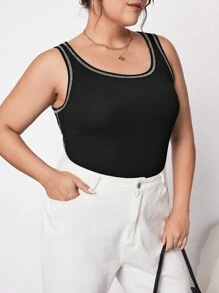 SHEIN Essnce Camiseta Sin Mangas De Talla Grande Para Mujer Con Costuras En Contraste - Negro - Ver 1