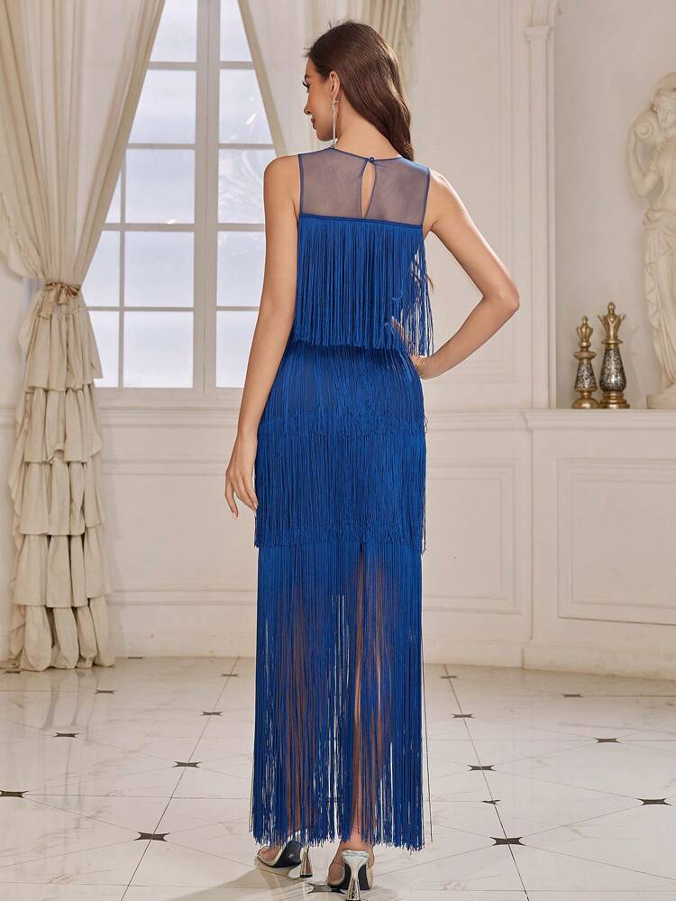 Women's Evening Dress With See-Through Patchwork, Latin-Dance Dress Style And Tassel Design (Heavy Duty Edition)