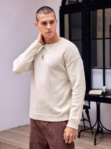 Manfinity Hypemode 男士寬鬆休閒圓領純色毛衣 - 米色 - 查看 5