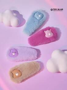 SHEIN X Care Bears 4pcs/Pack 3D Bear Plush Hair Clips, Cute Gifts ,Plush Hair Barrettes