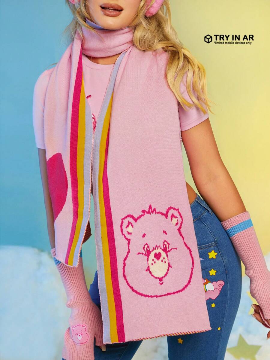 SHEIN X Care Bears Khăn ấm có sọc cầu vồng, thiết kế hình trái tim và chú gấu cho mùa đông - Màu Hồng baby - Xem 1