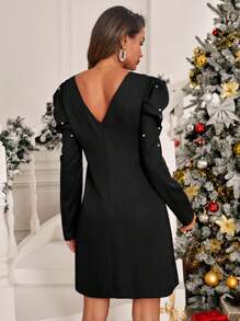 SHEIN Clasi 女用珍珠裝飾羊腿袖連身裙