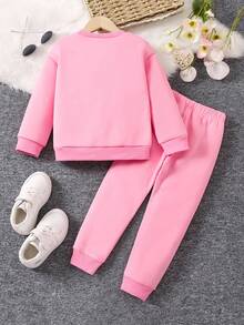 SHEIN Nhỏ bé Cô gái Hình trái tim Vòng cổ Áo nỉ Và Quần thể thao Bộ - Hồng - Xem 2