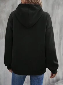 RueChic Women's Hooded Sweatshirt With Letter Print And Drawstring - Black - View 2
