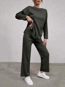 Cloudara Drop Shoulder Split Hem Tee & Trousers - Green - View 4