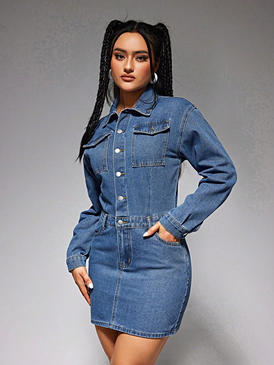 SHEIN EZwear Kvinnors Kort Skjortklänningar i Denim - Mediumtvätt - Visa 1