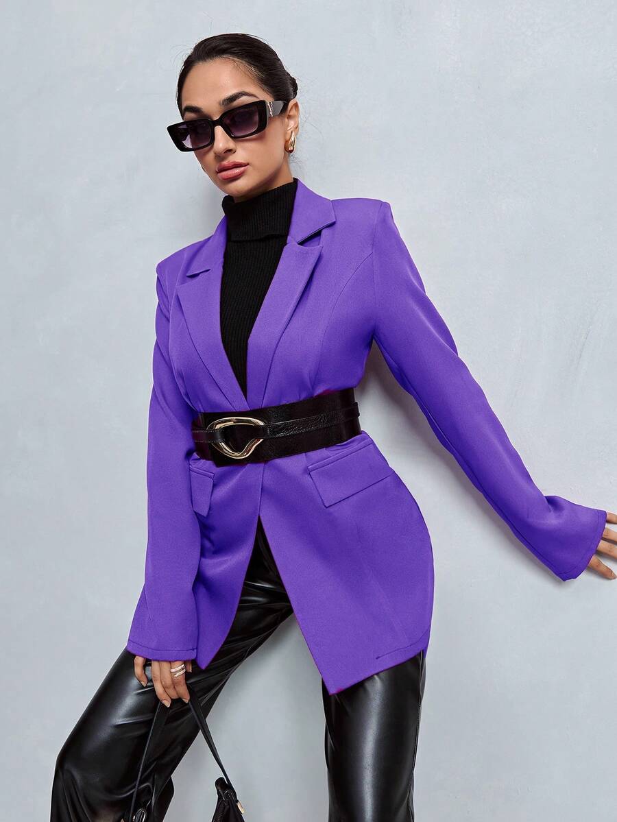 EURMUSE Women's Lapel Collar Long Sleeves Solid Color Blazer With Waist Buttons And Open Pockets - Purple - View 1