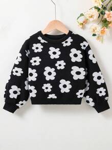 SHEIN Little Girls' Floral Design Round Neck Sweater - Black - View 1