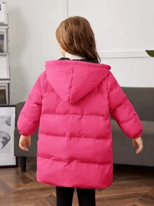 SHEIN Áo khoác dài vừa vặn có mũ trùm đầu màu trơn cho bé gái - Màu Hồng Tươi - Xem 4