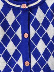 Infant Boys' Diamond Plaid Pattern Cardigan With Round Neckline - Blue - View 5