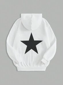 SHEIN EZwear 字母星星印花抽繩連帽衛衣 - 白色 - 查看 3