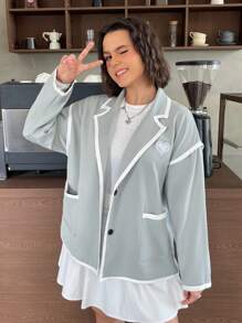SHEIN EZwear Women's Plus Size Asymmetrical Collar Contrast Trim Blazer - Light Grey - View 1