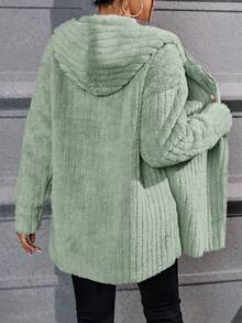 SHEIN Essnce Shein Women Flannels Khaki Color Printed Sherpa Collar Button Front Hooded Casual Regular Jacket - Green - View 2