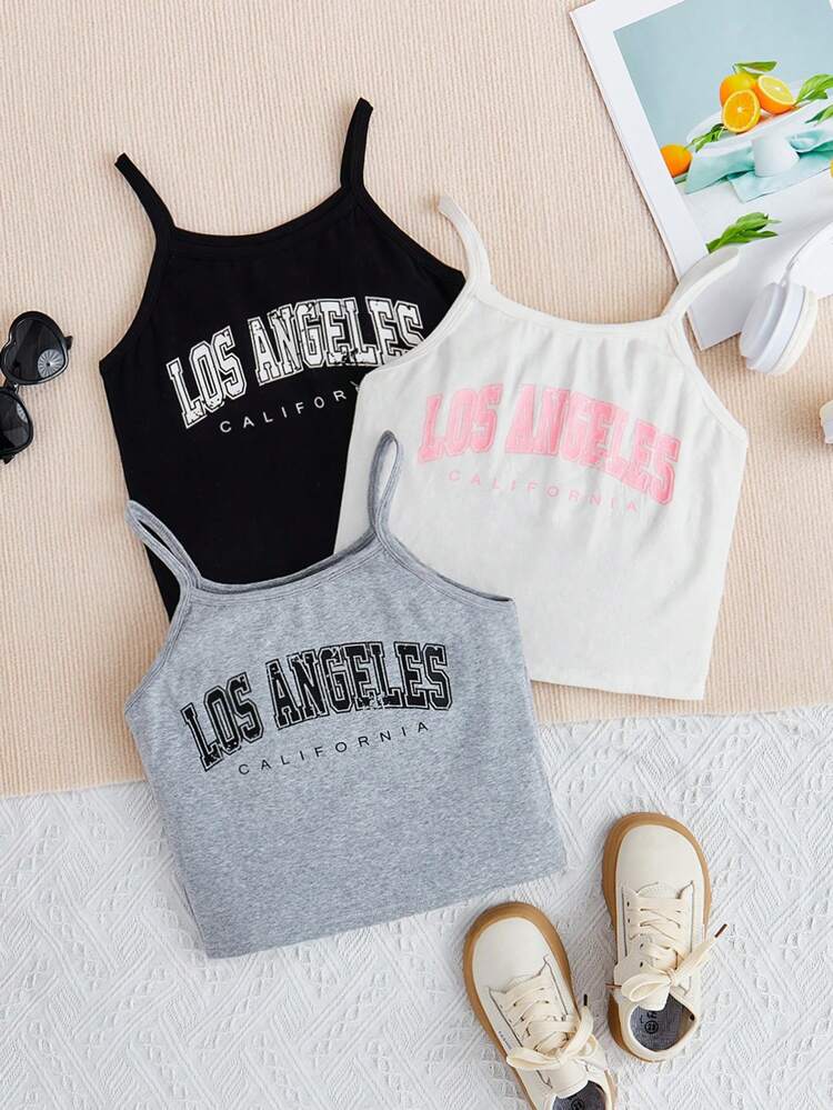 3pcs/set Tween Girls' Letter Printed Sleeveless Top