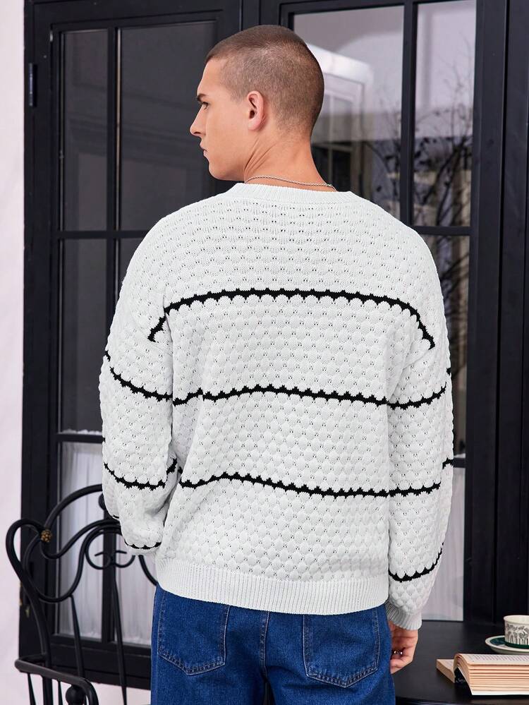 1pc Men's Striped Round Neck Pullover Sweater