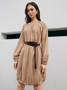 Anewsta Của phụ nữ Lỏng lẻo Vòng cổ Tay áo lồng đèn Đầm Không có thắt lưng - Màu Khaki - Xem 4