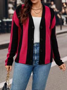 SHEIN LUNE Cardigan Tricoté Rayé À Blocs De Couleurs De Grande Taille Pour Femmes Avec Bouton Sur Le Devant - Multicolore - Voir 3