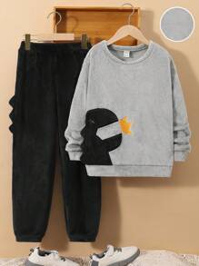 SHEIN 男童毛絨恐龍圖案家居服 - 黑色 - 查看 1