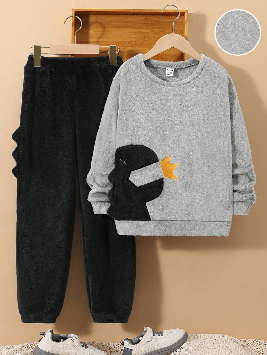 SHEIN 男童毛絨恐龍圖案家居服 - 黑色 - 查看 1