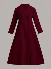 Flirla Của phụ nữ Kích thước lớn Cổ bẻ DOUBLE-BREASTED A-line Len áo Với Hem xòe - Màu Đỏ Sâu - Xem 1