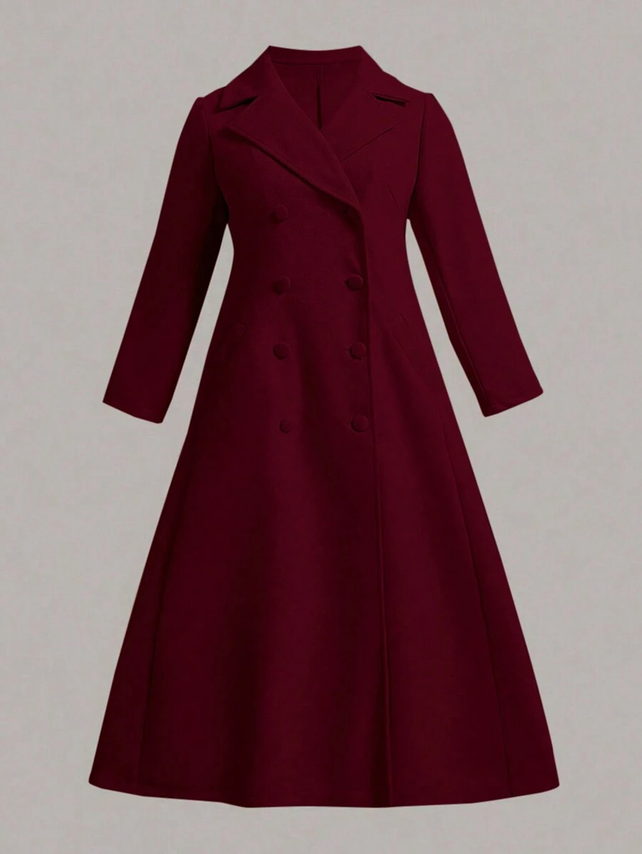 Flirla Của phụ nữ Kích thước lớn Cổ bẻ DOUBLE-BREASTED A-line Len áo Với Hem xòe - Màu Đỏ Sâu - Xem 1