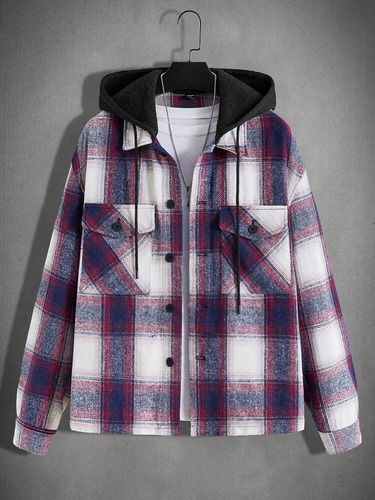 Loose-Fit Men's Plaid Hooded Overcoat With Drop Shoulder, Flap Pocket And Drawstring, Without T-Shirt, For Fall Winter
