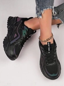 Women's Outdoor Casual Chunky Sneakers With Thick Sole, Chunky Shoes Style, Black