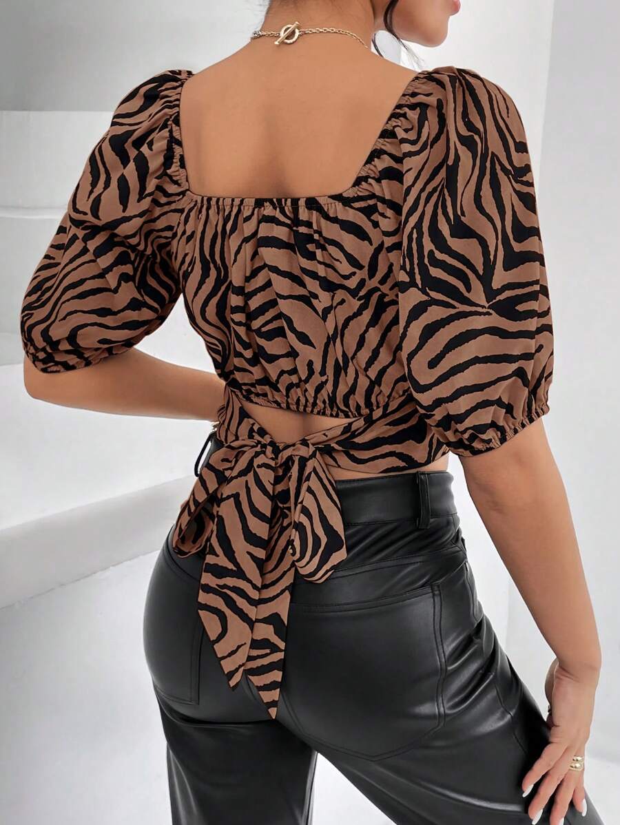 SHEIN Essnce Blusa De Manga Abullonada Con Estampado De Cebra Y Nudos En La Espalda - Camel - Ver 1